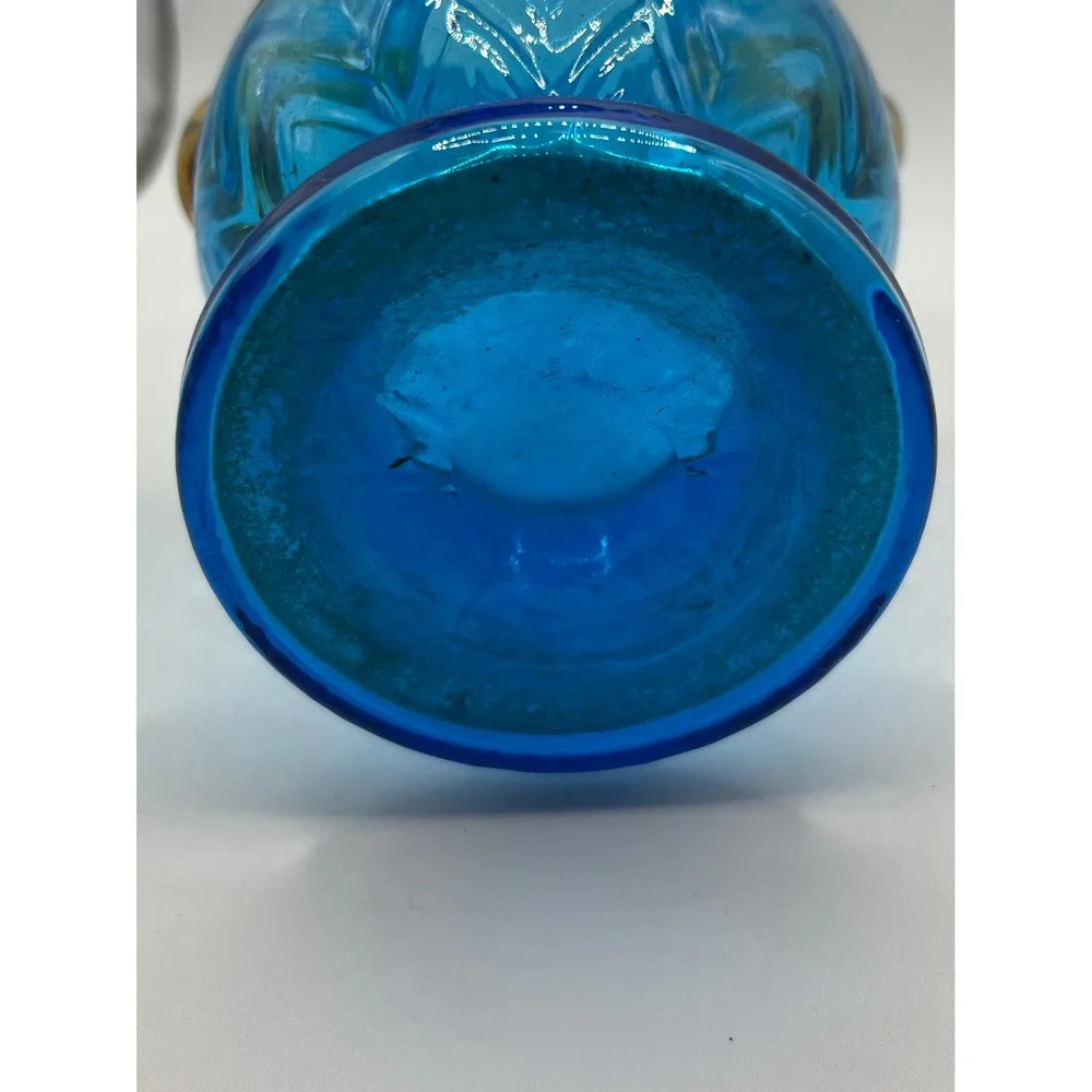 Vintage Empoli Blue Glass Vase with Yellow‎ Handles Ornate Accent Decor